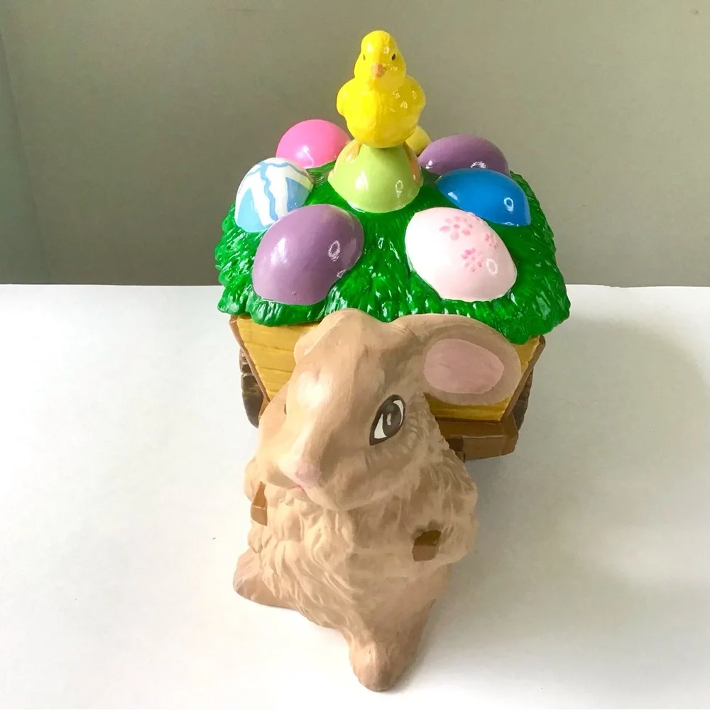Vintage Easter Bunny Pulling Wagon Cart of Eggs Chick Large Covered Ceramic Dish